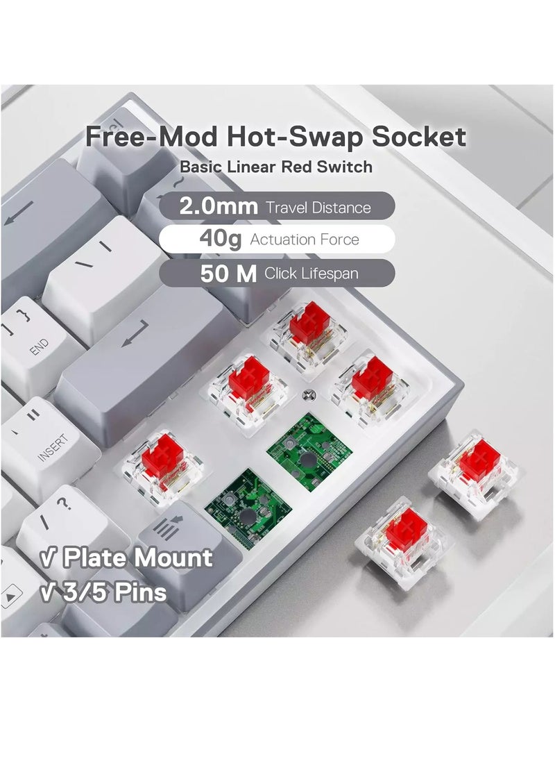 REDRAGON K631 CASTOR 65% Wired RGB Gaming Keyboard, Quiet Red Switch - 68 Keys Compact - w/100% Hot-Swap Socket, Free-Mod Plate Mounted PCB & Dedicated Arrow Keys (White Grey)  - Image 3