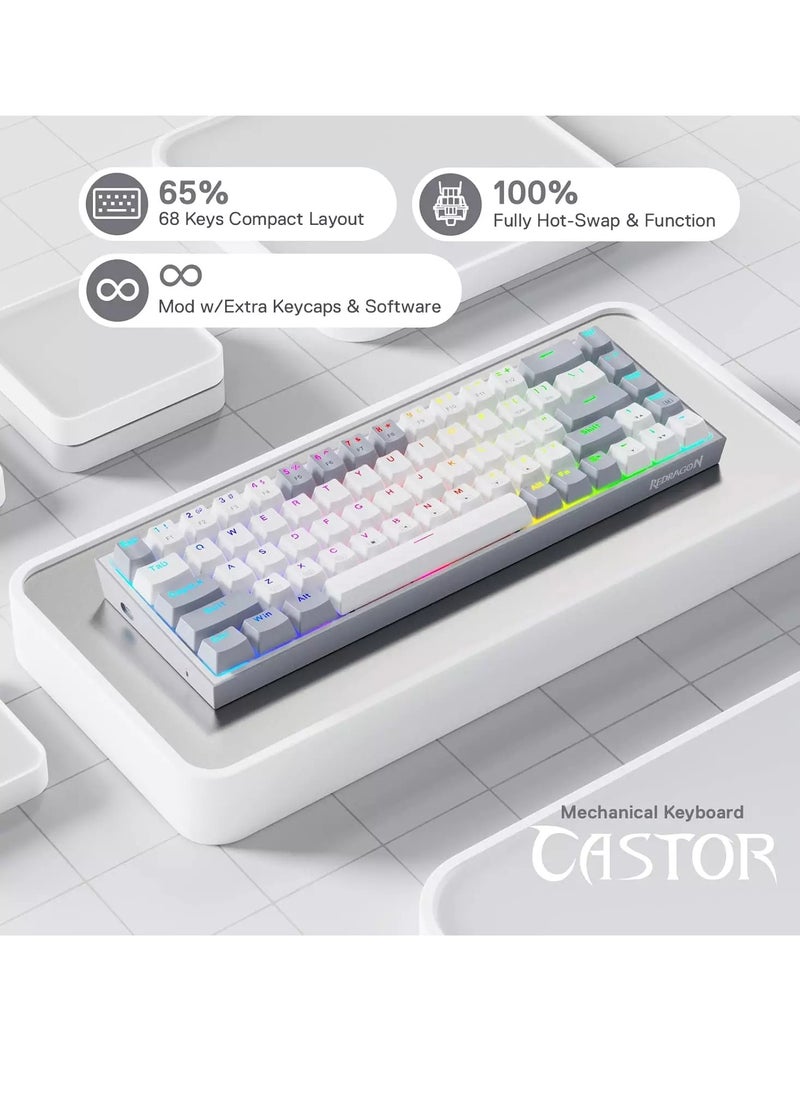 REDRAGON K631 CASTOR 65% Wired RGB Gaming Keyboard, Quiet Red Switch - 68 Keys Compact - w/100% Hot-Swap Socket, Free-Mod Plate Mounted PCB & Dedicated Arrow Keys (White Grey)  - Image 4