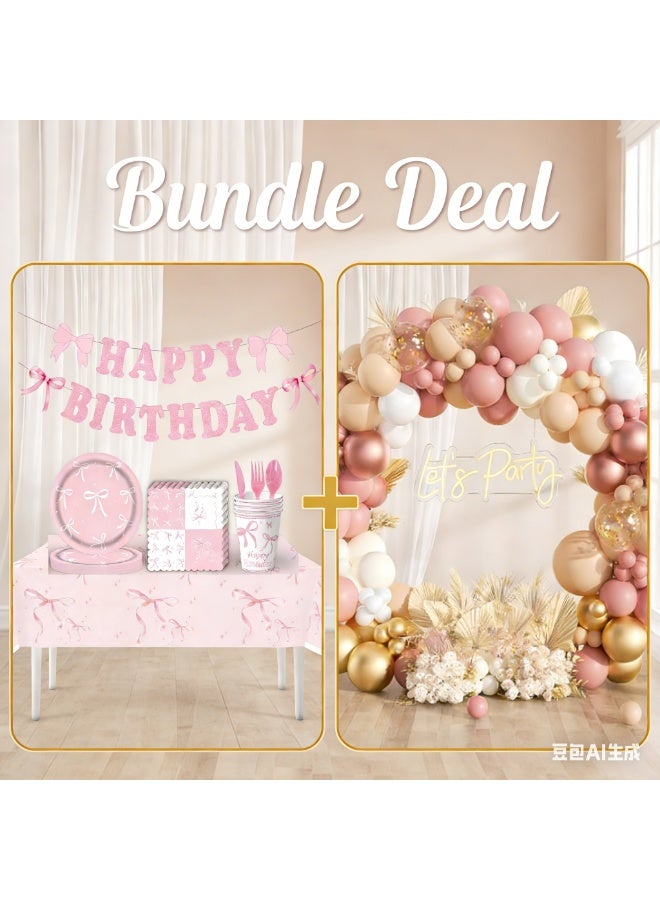 All-in-One Party Supplies Solution & Save 30 AED:  Pink Bow Tableware for 10 & 136-Pc Boho Balloon Garland - Image 1