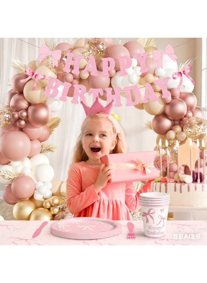 All-in-One Party Supplies Solution & Save 30 AED:  Pink Bow Tableware for 10 & 136-Pc Boho Balloon Garland - Image 4