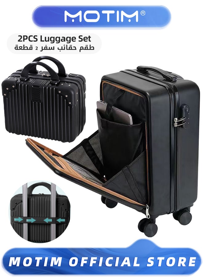 Motim - 2pcs Boarding Carry-on Luggage Sets Travel Luggage With Front Open Laptop Compartment Pocket Aluminum Framed Suitcase With Spinner Wheels Large Capacity Checked-in Luggage - Image 1