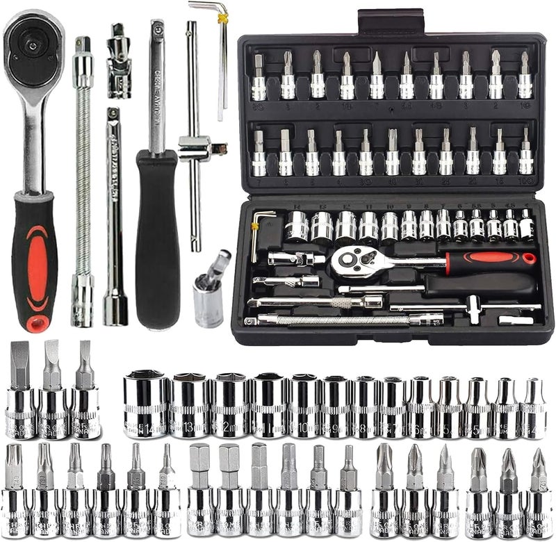 HUBTURE 46 in 1 Heavy Duty 14 Combinational Ratchet Socket Wrench Spanner 46 Pieces Chrome Vanadium Hand Tool Kit Set For Repairing Work DIY Auto Repairs Car Bike - Image 1