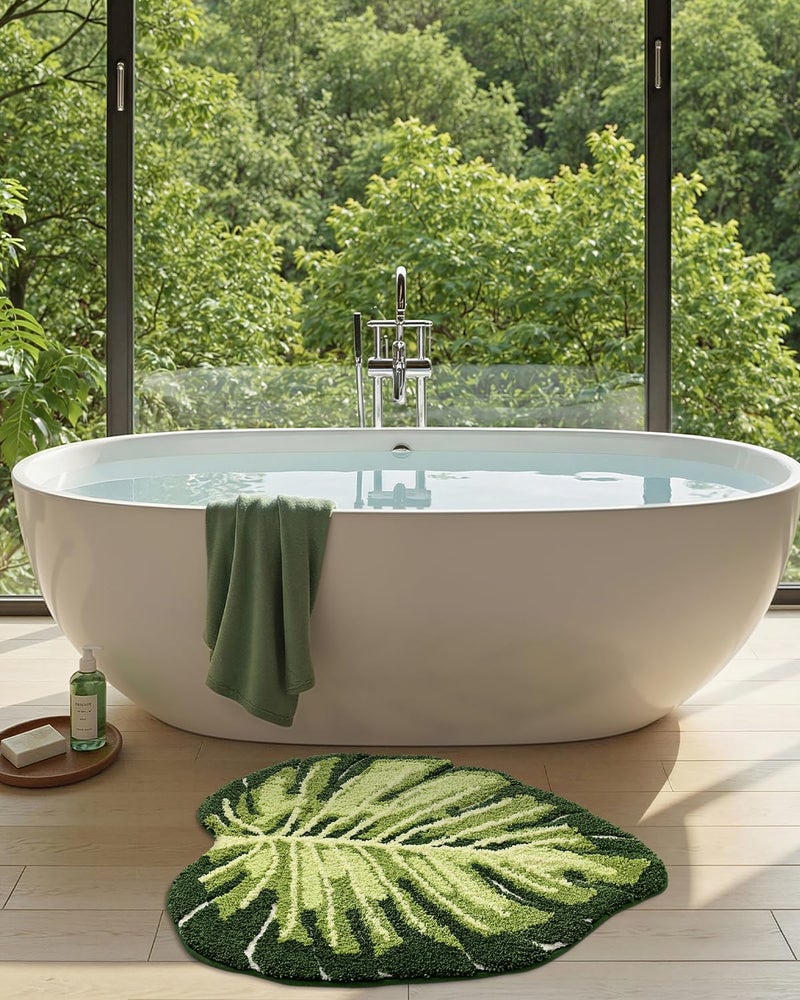 DEXI Leaf Bathroom Rugs Monstera, 23.5x31.5 Soft Fluffy Cute Bath Mat with Non Slip Backing, Washable Absorbent Bath Rug Quick Dry for Shower Floor, Toilet, Bedroom, Kids Room, Green - Image 3