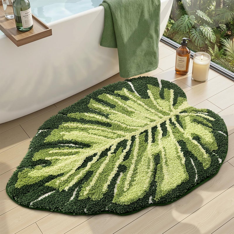 DEXI Leaf Bathroom Rugs Monstera, 23.5x31.5 Soft Fluffy Cute Bath Mat with Non Slip Backing, Washable Absorbent Bath Rug Quick Dry for Shower Floor, Toilet, Bedroom, Kids Room, Green - Image 1