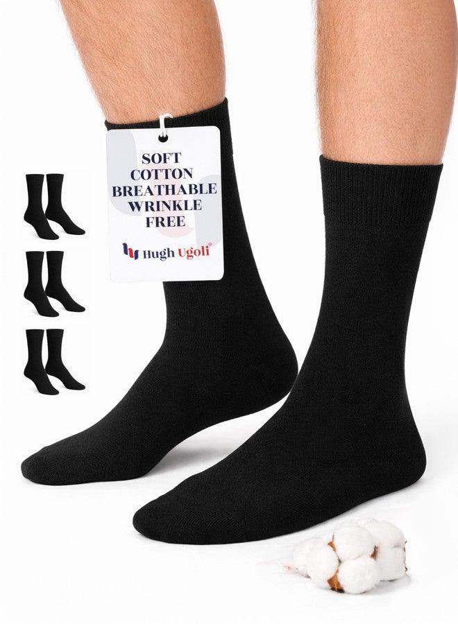 Hugh Ugoli Mens Cotton Dress Socks | Plain Colors, Regular Fit, Crew, Casual Socks | 3 Pack, Black, Shoe Size: 8-10 - Image 1