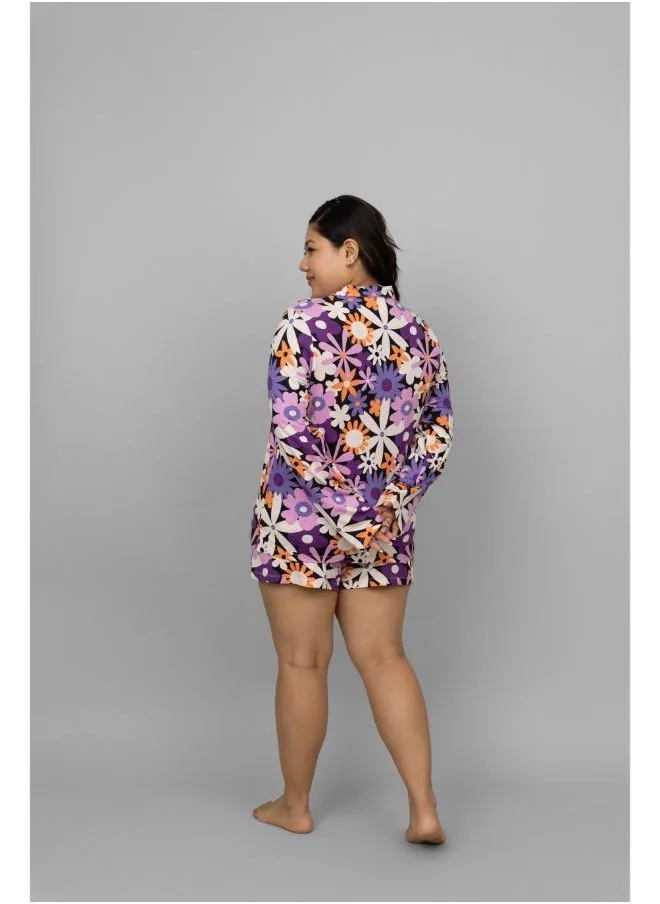 NeceSera Floral Full Sleeves Button Down Shorts Set