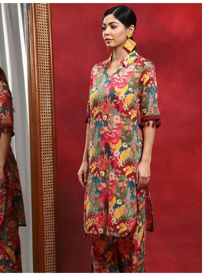 أيه كيه إس طقم كورتا باكستاني مطبوع بالزهور متعدد الألوان مع شالوار - Image 2