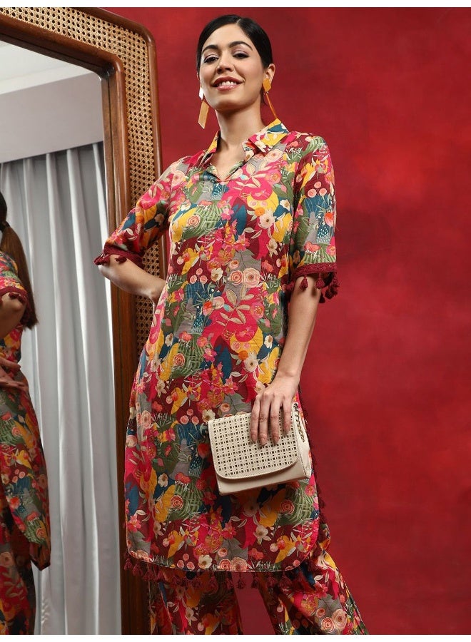 أيه كيه إس طقم كورتا باكستاني مطبوع بالزهور متعدد الألوان مع شالوار - Image 1