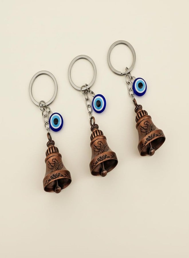 AEROSTARK Phoenix Guardian Bell For Bike Keychain Combo of 3 with Evil Eye Charm | Bronze Antique Motorcycle Rider Protection Bell | Gift for Men Riders Travelers - Image 3