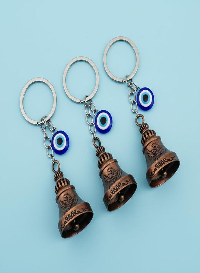 AEROSTARK Phoenix Guardian Bell For Bike Keychain Combo of 3 with Evil Eye Charm | Bronze Antique Motorcycle Rider Protection Bell | Gift for Men Riders Travelers - Image 2