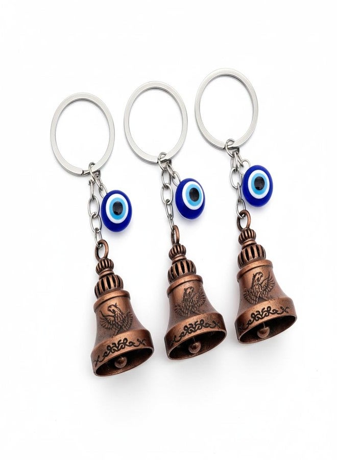 AEROSTARK Phoenix Guardian Bell For Bike Keychain Combo of 3 with Evil Eye Charm | Bronze Antique Motorcycle Rider Protection Bell | Gift for Men Riders Travelers - Image 1