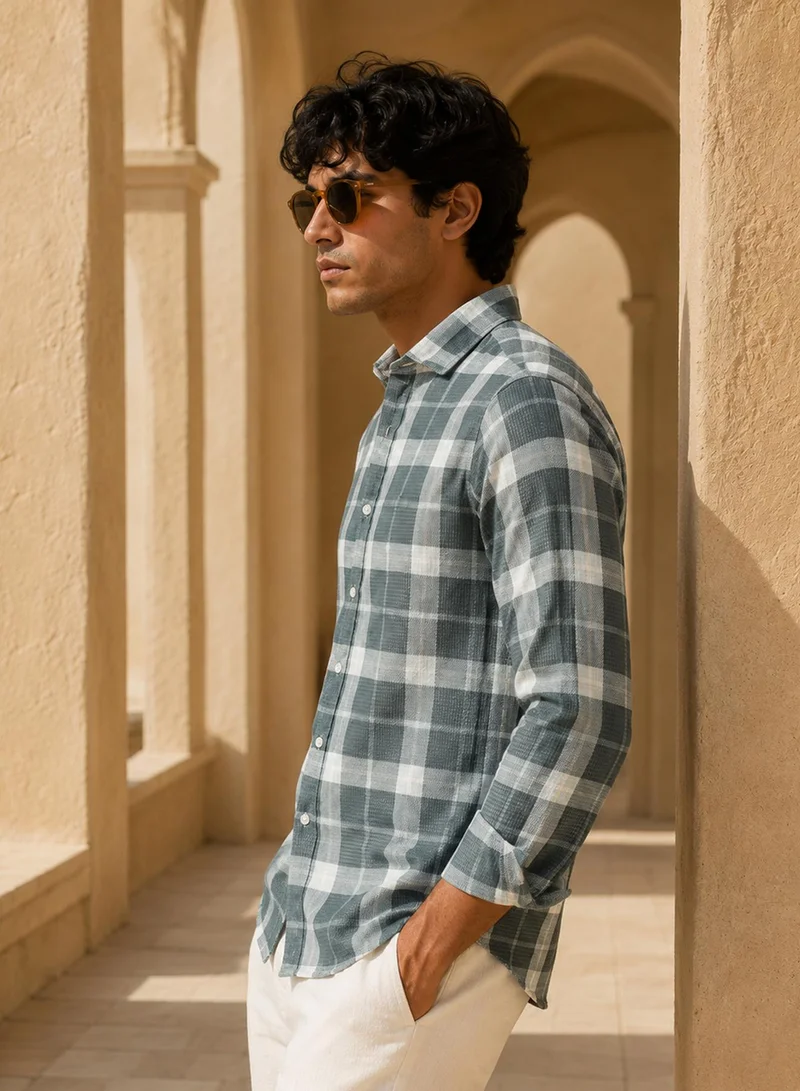 CAHOOT Cahoot Men's Grey Checked Poly Spandex Shirt