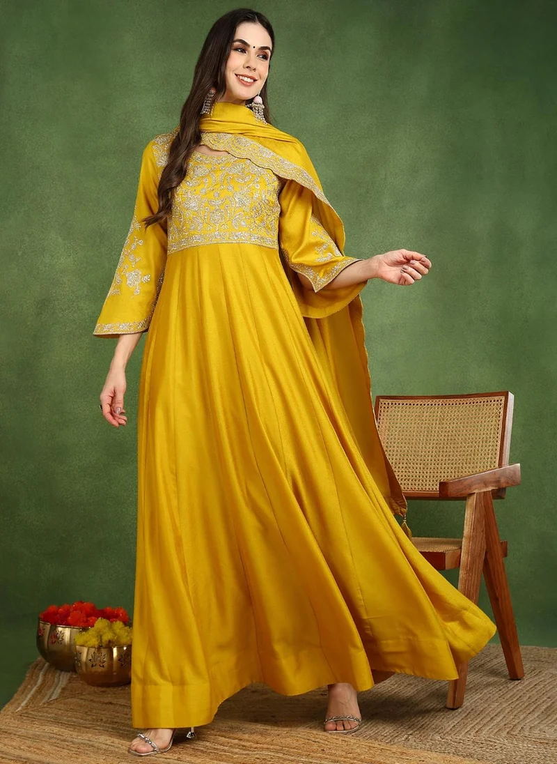 ZERESOUQ Mustard Silk Blend Embroidered Anarkali Gown with Dupatta