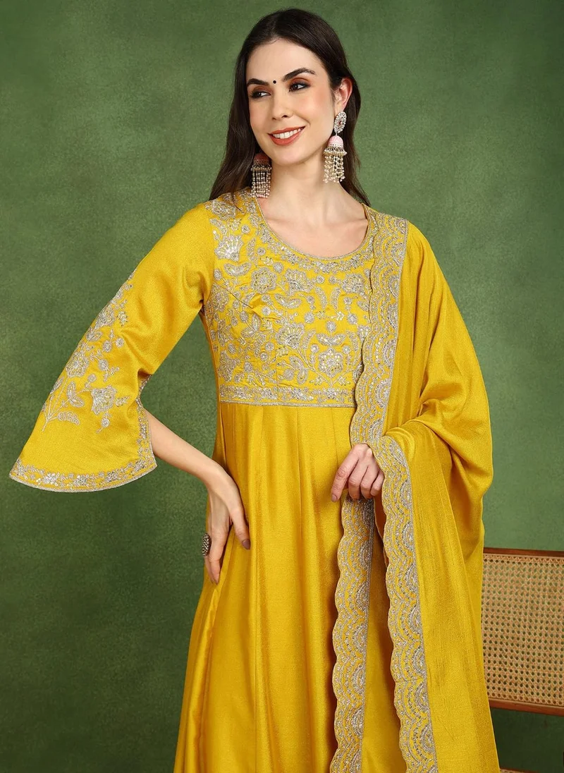 ZERESOUQ Mustard Silk Blend Embroidered Anarkali Gown with Dupatta