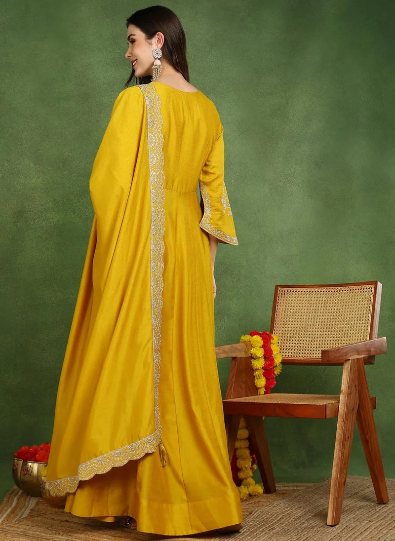 ZERESOUQ Mustard Silk Blend Embroidered Anarkali Gown with Dupatta