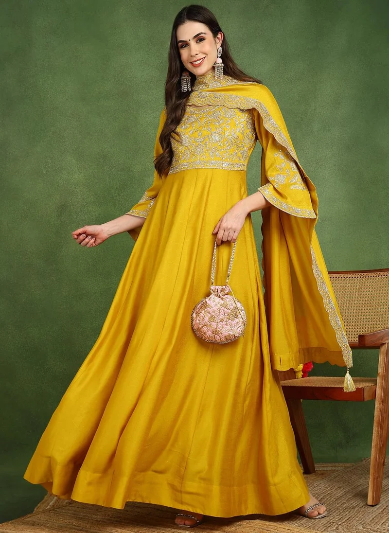 ZERESOUQ Mustard Silk Blend Embroidered Anarkali Gown with Dupatta