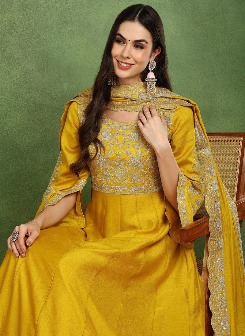 ZERESOUQ Mustard Silk Blend Embroidered Anarkali Gown with Dupatta