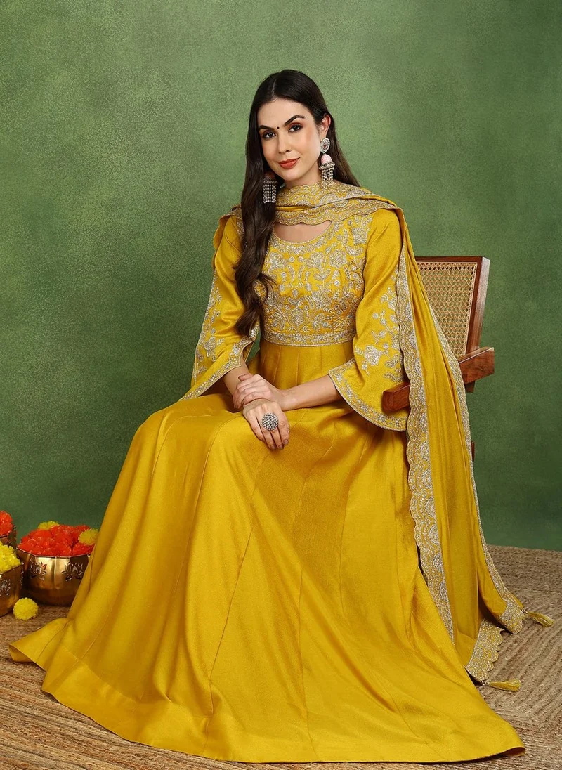 ZERESOUQ Mustard Silk Blend Embroidered Anarkali Gown with Dupatta