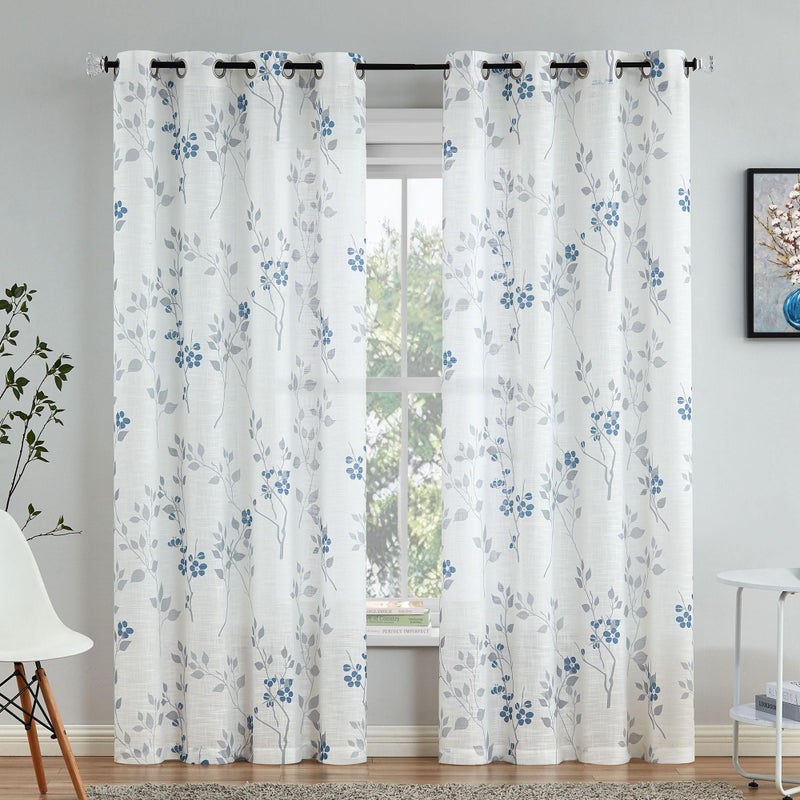 Beauoop Floral linen Semi Sheer Curtains 84 Inches Long 2 Panels for Living Room Bedroom Blue Grey Farmhouse Flower Patterned Light Filtering Textured Grommet Top Window Treatments Drapes, 50x84 2 Set - Image 1
