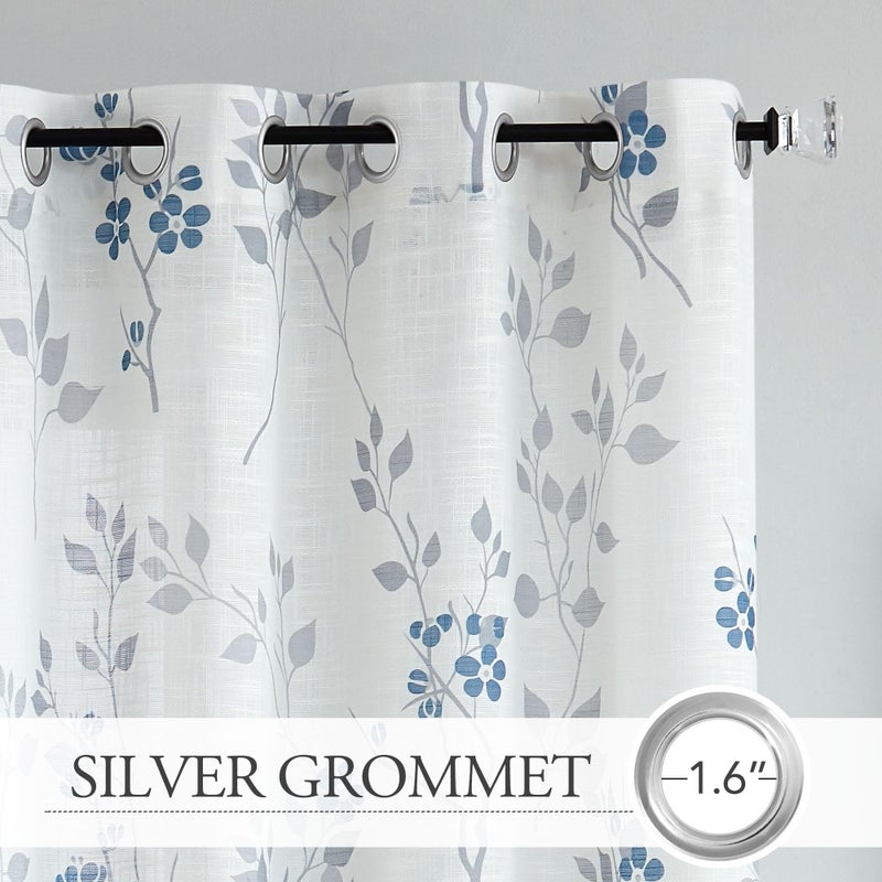 Beauoop Floral linen Semi Sheer Curtains 84 Inches Long 2 Panels for Living Room Bedroom Blue Grey Farmhouse Flower Patterned Light Filtering Textured Grommet Top Window Treatments Drapes, 50x84 2 Set - Image 2