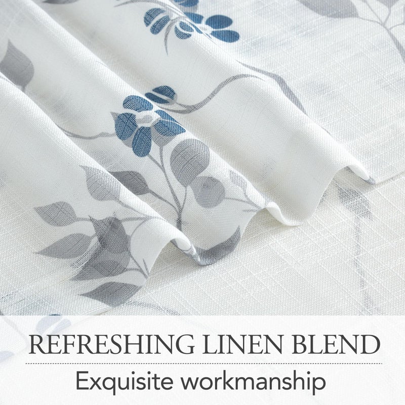 Beauoop Floral linen Semi Sheer Curtains 84 Inches Long 2 Panels for Living Room Bedroom Blue Grey Farmhouse Flower Patterned Light Filtering Textured Grommet Top Window Treatments Drapes, 50x84 2 Set - Image 4