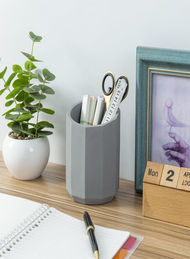 MyGift Pen Holder Pencil Holder For Desk Desktop Pen Cup Holder Gray Concrete 3.5 Inch Round Modern Office Desk Organizer - Image 4
