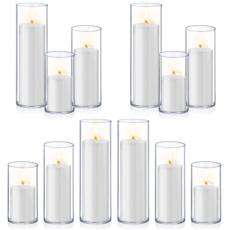 Homjoy 24 PCS White Pillar Candles with Glass Candle Holders Clear Hurricane Candle Holders Glass Cylinder Vases for Centerpieces Wedding Party, Event, Home Office (12 Candles+12 Candle Hoders) - Image 1