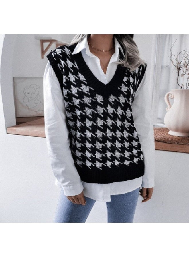 NIBEMINENT Autumn and Winter  Women's Fashion Elegant Retro Plaid Vest Temperament V-neck College Wind Casual Sweater Vest Lady - Image 1