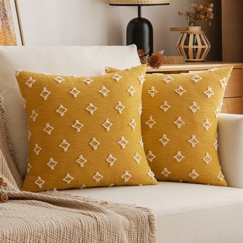 EMEMA Fall Mustard Yellow Decorative Throw Pillow Covers Rhombic Jacquard Pillowcase Cushion Case Square for Couch Sofa Bed Living Room Bedroom Set of 2 18x18 Inch