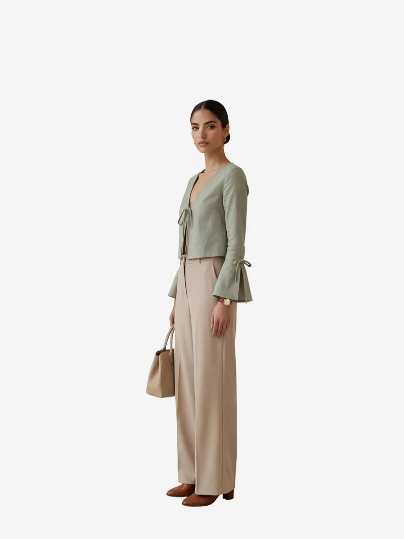 MY FASHION Sage Green MY FASHION Crop Tie Detail V-Neck Linen Shirt for Women | Best Price UAE