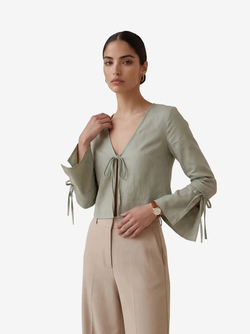 MY FASHION Crop Tie Detail V-Neck Linen Shirt