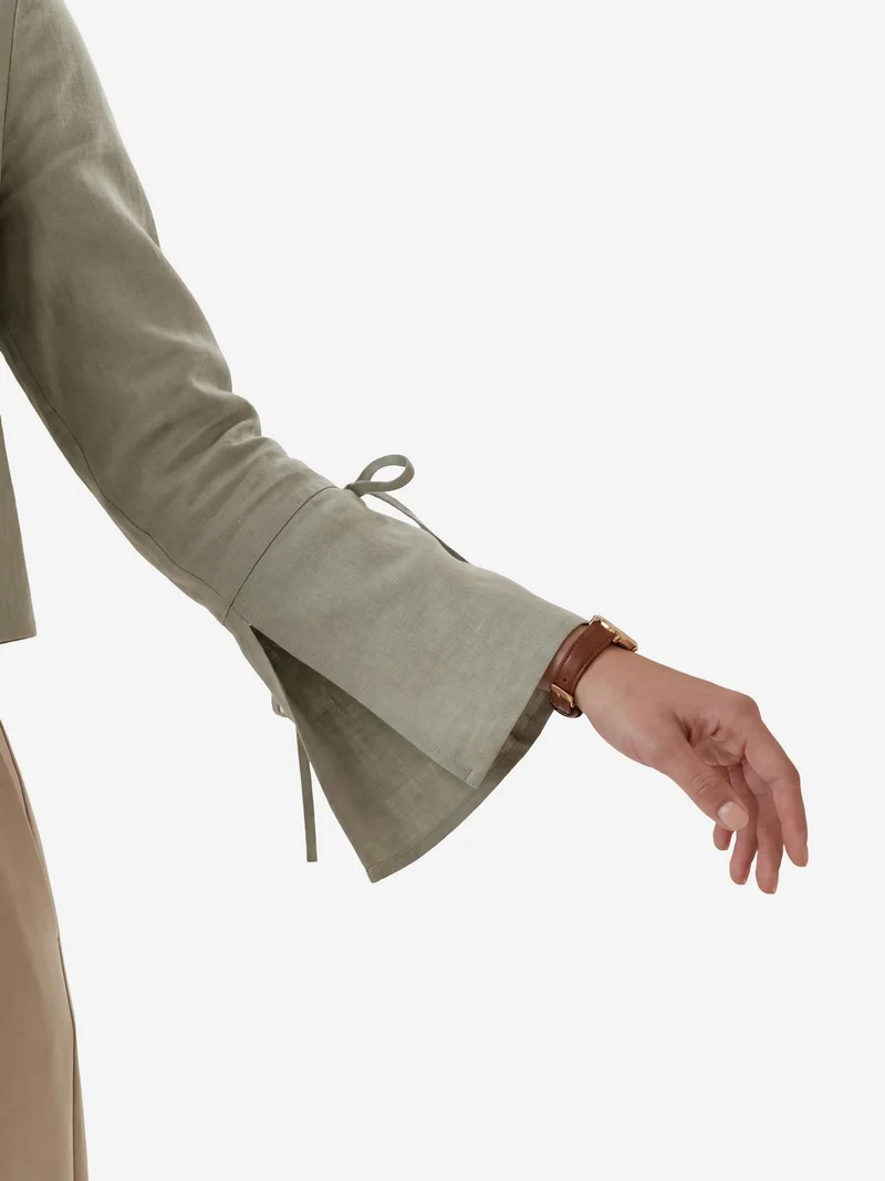 MY FASHION Sage Green MY FASHION Crop Tie Detail V-Neck Linen Shirt for Women | Best Price UAE