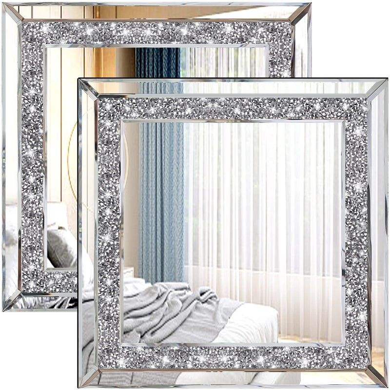 ZOLAPI 2PCS Crystal Rhinestone Diamond Wall MirrorBrilliant HandSpliced Glass MirrorAccent Decorative Mirror for HallwayBathroomBedroom12x12