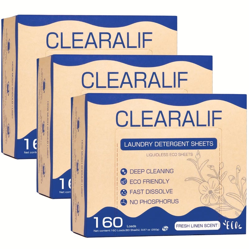 CLEARALIF أوراق منظف الغسيل CLEARALIF 480 غسلة قماش نظيف رائع للسفر والشقق والسكن الجامعي أوراق منظف الغسيل CLEARALIF صديقة للبيئة ومضادة للحساسية عبوة من 3
