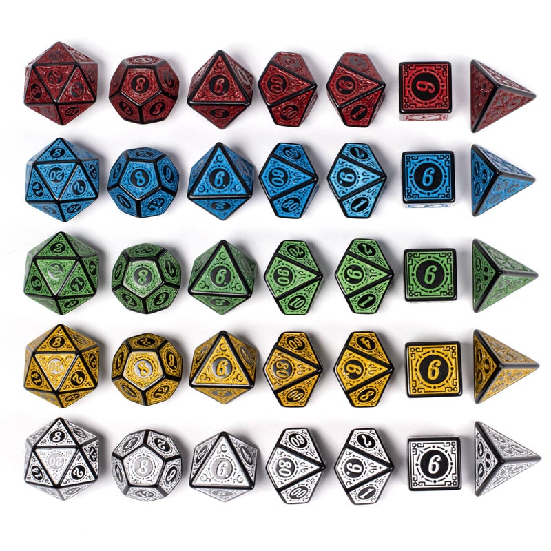Poludie 5 Polyhedral Dice Set (35pcs) with Leather Dice Bag, D&D Dice for Dungeons and Dragons, RPG, MTG Table Games (Window Lattice Carved Series) - Image 2