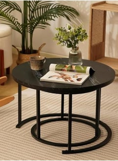 AGD Black Nesting Coffee Table Set of 2, 23.6" Round Coffee Table with Wooden Top with Durable Steel Legs Non-Slip Industrial Side Tables for Living Room Bedroom Balcony Patio  - Image 1