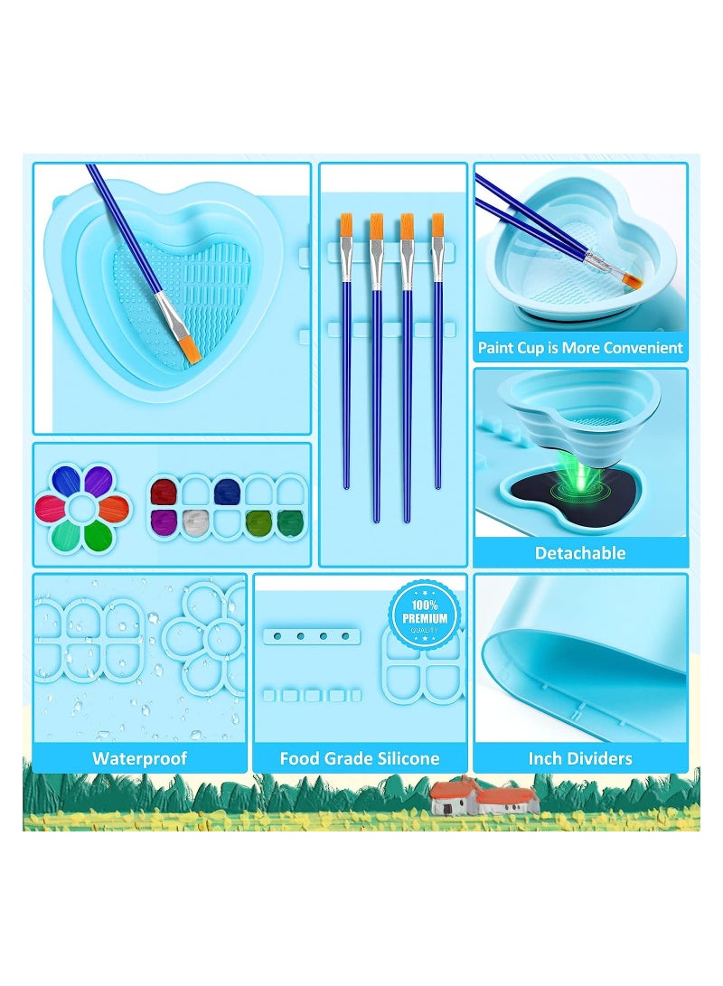 SYOSI Silicone Oil Painting Mat Blue Children's Graffiti Silicone Mat 50.5*40.5cm Silicone Painting Mat Paint Palette Easy to Clean with Cup for Painting Craft Watercolour Clay and DIY - Image 3