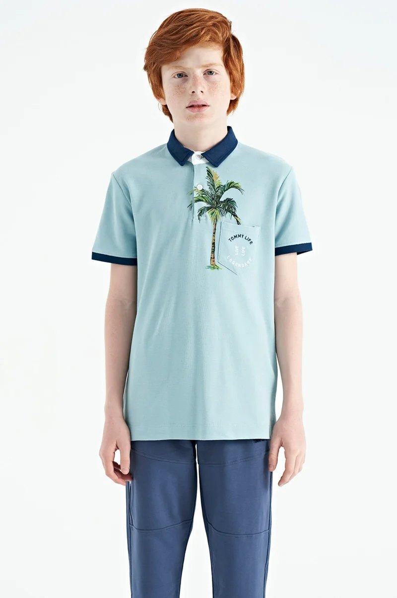 Tommy Life Light Blue Printed Pocket Detailed Standard Size Polo Collar Boy's T-Shirt - 11144