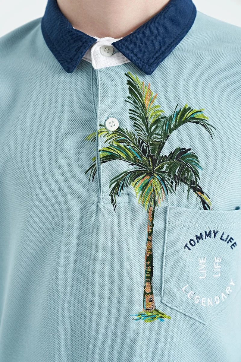 Tommy Life Light Blue Printed Pocket Detailed Standard Size Polo Collar Boy's T-Shirt - 11144