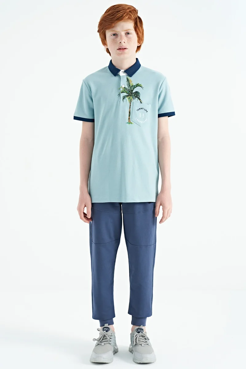 Tommy Life Light Blue Printed Pocket Detailed Standard Size Polo Collar Boy's T-Shirt - 11144