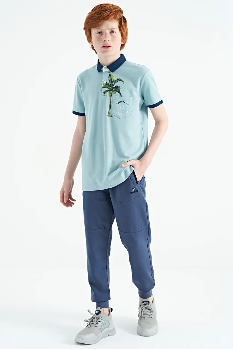 Tommy Life Light Blue Printed Pocket Detailed Standard Size Polo Collar Boy's T-Shirt - 11144