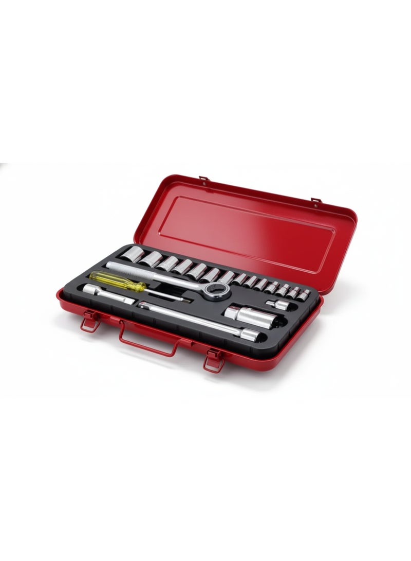21 Pcs Socket Wrench Set – Professional Japanese Hand Tool Kit with Ratchet Handle, Extension Bars & Metal Case – Chrome Finish - Image 1