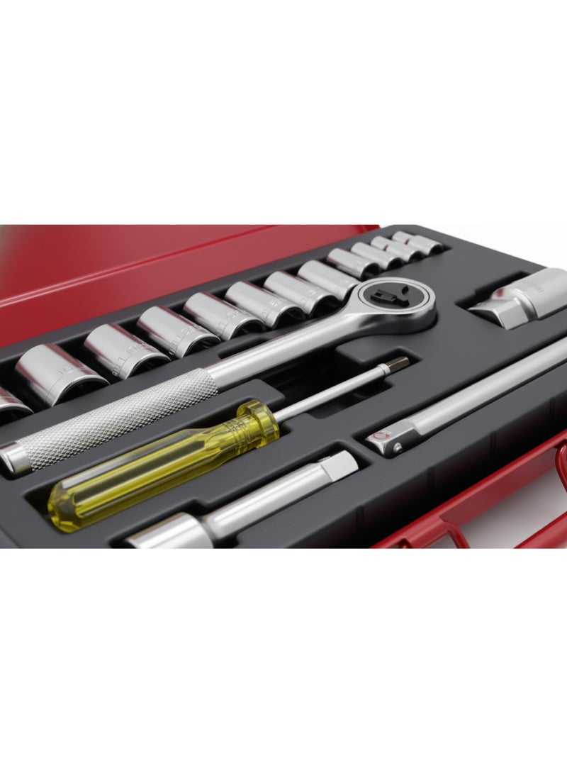 21 Pcs Socket Wrench Set – Professional Japanese Hand Tool Kit with Ratchet Handle, Extension Bars & Metal Case – Chrome Finish - Image 3