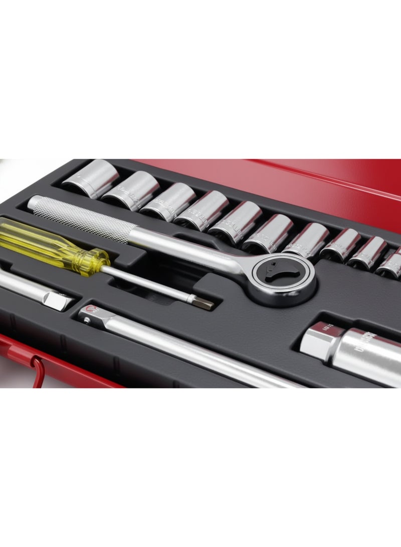 21 Pcs Socket Wrench Set – Professional Japanese Hand Tool Kit with Ratchet Handle, Extension Bars & Metal Case – Chrome Finish - Image 2