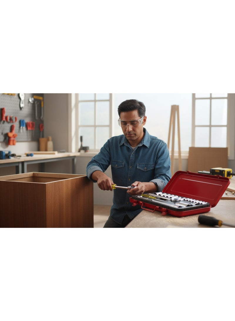 21 Pcs Socket Wrench Set – Professional Japanese Hand Tool Kit with Ratchet Handle, Extension Bars & Metal Case – Chrome Finish - Image 5