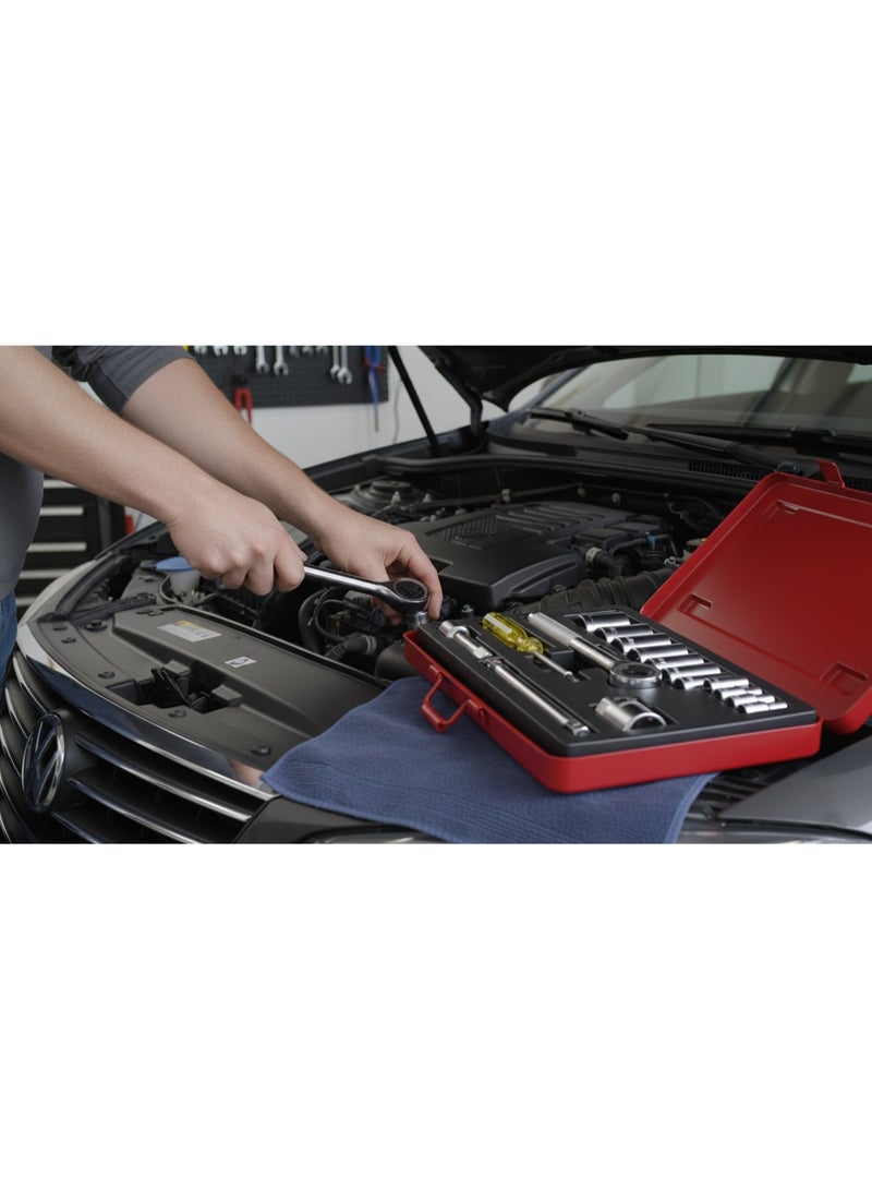 21 Pcs Socket Wrench Set – Professional Japanese Hand Tool Kit with Ratchet Handle, Extension Bars & Metal Case – Chrome Finish - Image 4