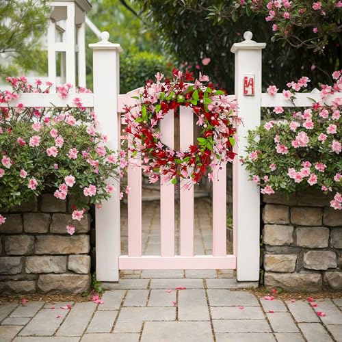 zjlmit 20 Inch Valentine's Day Wreath, Valentines Day Wreaths for Front Door with Pink Forsythia Flowers, Heart Shaped Berries and Green Leaves for Window, Wall and Anniversary Party Decorations - Image 5