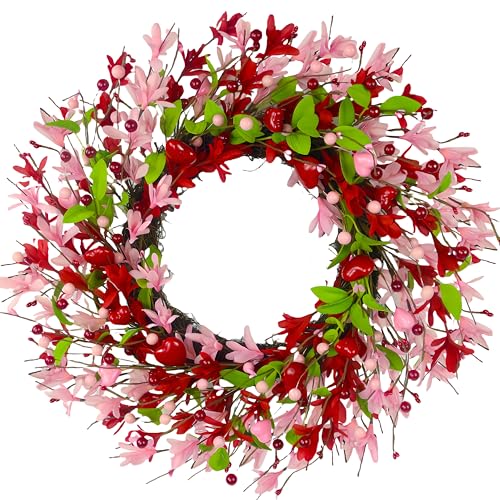 zjlmit 20 Inch Valentine's Day Wreath, Valentines Day Wreaths for Front Door with Pink Forsythia Flowers, Heart Shaped Berries and Green Leaves for Window, Wall and Anniversary Party Decorations - Image 1