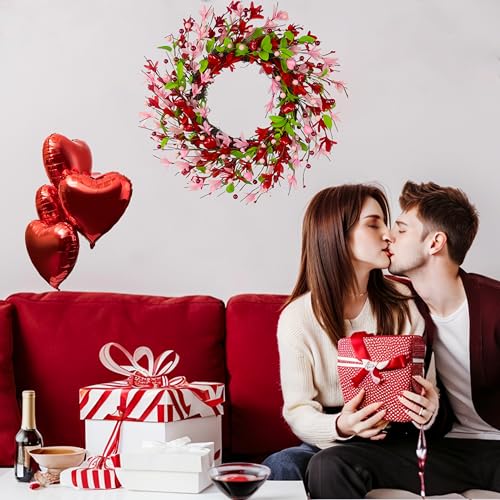 zjlmit 20 Inch Valentine's Day Wreath, Valentines Day Wreaths for Front Door with Pink Forsythia Flowers, Heart Shaped Berries and Green Leaves for Window, Wall and Anniversary Party Decorations - Image 4