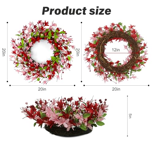 zjlmit 20 Inch Valentine's Day Wreath, Valentines Day Wreaths for Front Door with Pink Forsythia Flowers, Heart Shaped Berries and Green Leaves for Window, Wall and Anniversary Party Decorations - Image 2